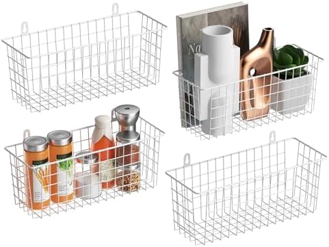 MaraFansie Wire Basket 4-Pack [Extra Large] Hanging Wall Organizer Cabinet Storage Basket Wall Mounted Shelves Rustic Farmhouse Decor for Home Kitchen Bathroom, White by MakeStorageMoreFun
