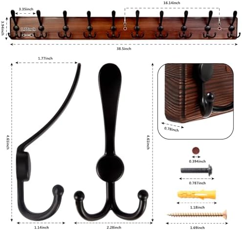 Kuhome 38.6'' Large Coat Rack Wall Mount Coat Hooks Coat Hanger with 10 Metal Black Triple- Hooks Brown Pine Real Wood Plank Hat Rack for Wall Hooks for Hanging Coat Hat Jacket - Image 2