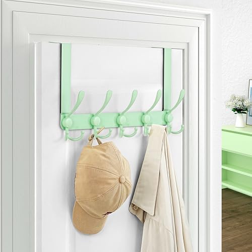 Dseap Over The Door Hook Hanger - Fits 1 3/8" to 1 3/4" Standard Doors | 5 Tri Hooks Heavy Duty Towel/Coat Rack | Door Organizer for Clothes, Jackets, Hats, Towels, Green, Pack of 2 - Image 6