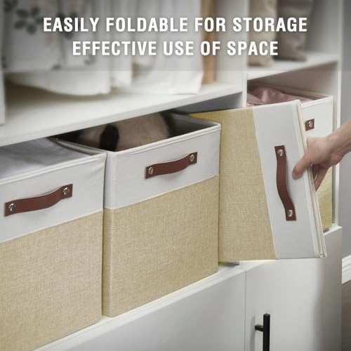 Bagnizer 13x15x13 Storage Cube Bins, Foldable Storage Organizer Baskets, Fabric Cube Storage Boxes with 2 Reinforced PU Handles for Kallax, Shelves, Living Room | 4 Pack, Beige & White - Image 3