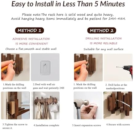 Wall Mounted Piano Coat Rack Solid Wood Piano Key Coat Rack Wall Mount, 4 Magnetic Foldable Hooks, Walnut Color - Heavy Duty, Drill or No-Drill Install for Entryway, Bedroom & Mudroom - Image 7