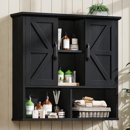 Vabches Bathroom Wall Cabinet, Farmhouse Medicine Cabinet with Double Barn Door and Adjustable Shelves, Wooden Vintage Storage Cabinet Wall Mounted for Bathroom, Kitchen Dining, Rustic Black by Vabches