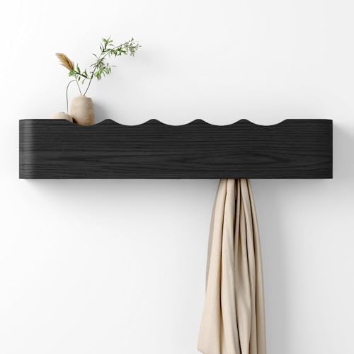 Coat Rack Wall Mount with Hidden Hooks, Wall Hooks with Shelf, Wall Key Holder Mount Wooden Shelf Entryway Hooks for Bedroom Bathroom for Hanging Coats Hats Bags Towels (Black Wave-Shape, 5 Hooks) by Nevsokio