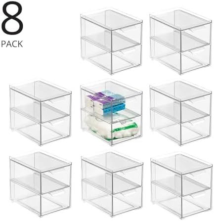 mDesign Stackable Storage Containers Box with 2 Pull-Out Drawers - Stacking Plastic Drawer Bins for Master or Guest Bathroom, Linen Closet, Vanity, or Makeup Table - Lumiere Collection - 8 Pack, Clear - Image 4