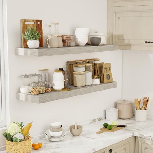 Acovy 48 Inch Floating Shelves, 12" Deep Floating Shelf Wall Mounted, 48" Wall Shelves, Rustic Deep Bookshelf, Extra Deeper & Thicker Display Shelves for Bedroom, Living Room, Gray, Set of 2 - Image 2