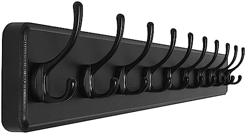 SKOLOO Rustic Wall Mounted Coat Rack, 10 Hooks, 38", Solid Wood, Black by SKOLOO