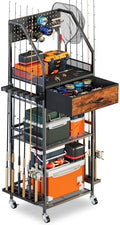 Fishing Rod Holder Organizer with Fabric Drawer & Pegboard by JIRTEMOT