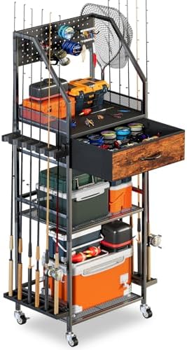 Fishing Rod Holder Organizer with Fabric Drawer & Pegboard by JIRTEMOT
