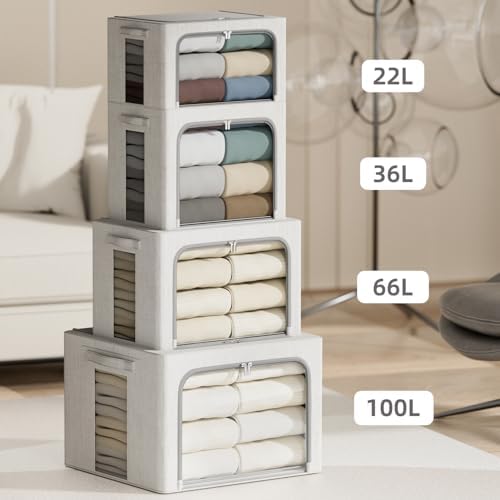 4 Pack Clothes Storage Bins with Metal Frame - 100L Stackable Storage Box with Lid，Foldable Storage Container Organizer for Clothes，Linen Fabric Storage Box with Clear Window＆Zippers＆Handles - Image 5