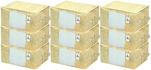 Kuber Industries Foldable Underbed Storage Bag|Organizer For Clothes Large|Non-Woven Comforter, Blanket Cover|Metalic Print & Side Handle|Pack of 9 (Yellow & Cream) by Kuber+Industries