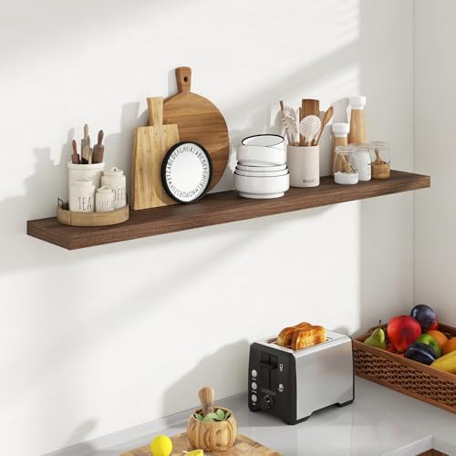 Acovy 55 Inch Floating Shelves, 8 Inch Deep Floating Shelves for Wall, Hanging Shelf with Invisible Brackets, Deep Shelves for Bathroom, Bedroom, Living Room, Walnut, Set of 1 - Image 2