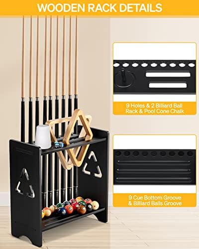 EXTCCT Pool Stick Holder Floor Stand, Wood with Cone Chalk Holder, Black - Image 3