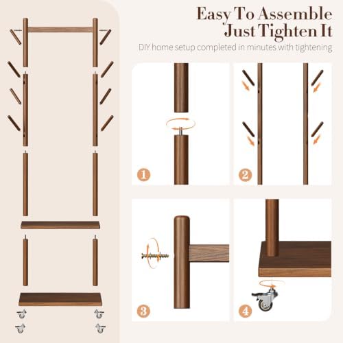 Yoobure Solid Wood Coat Rack Freestanding - Rolling Clothes Rack with 8 Hooks & Shelves, Small Clothing Rack with Wheels, Heavy Duty Clothing Racks for Hanging Clothes, Portable Hall Tree for Entryway - Image 6