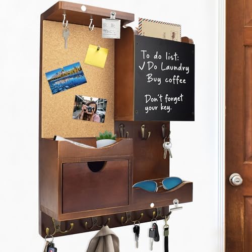 Key Holder Wall Mount with Drawer and Mail Organizer, Vintage Brown by HEKOOLA