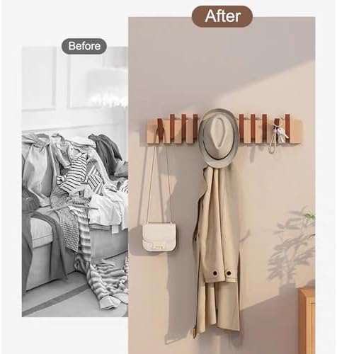 Coat Rack Wall Mount, Wooden Coat Rack, Piano Key Coat Rack, 4 Hooks Flip Down Wall Hook Rack, Beech - Image 5