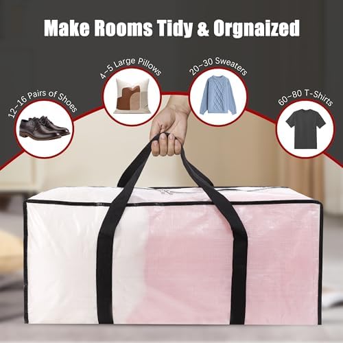 PANDA JOYS Extra Large Moving Bags with Zippers & Carrying Handles, Heavy-Duty Storage Tote for Space Saving Moving Storage, Fold Flat, Alternative to Box and Bin - 12 Pack, Semi-Transparent - Image 4
