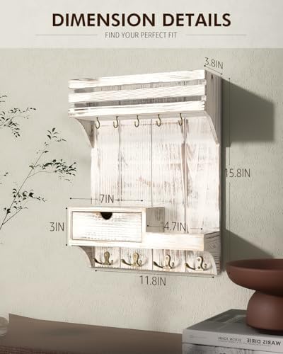 Rebee Vision Key Holder Wall Mount with Drawer for Home Decor, Whitewash - Image 6