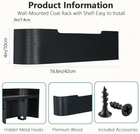 Coat Rack Wall Mount with Shelf 4 Hidden Hooks Modern Wooden Key Holder Entryway Organizer for Hallway Bedroom Bathroom Home Decor Storage for Hanging Coats Hats Bags Towels, Black - Image 3