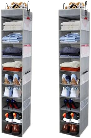 2 Pack Large-Sized Hanging Shoe Organizer 10-Shelf, Sturdy Hanging Closet Organizer with 8 Side Pockets, Wider Hanging Shelves for Storage Shoes Clothes Jeans Shirts Toys, Grey. by ROOMTALK