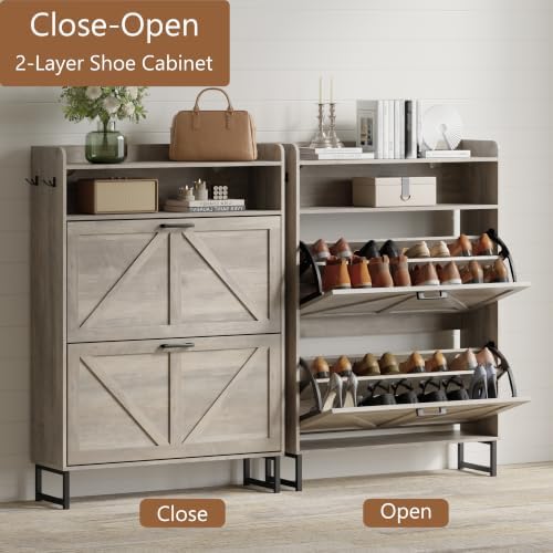 Xixini Shoe Storage Cabinet with 2 Flip Drawers, Entryway Shoe Rack, Grey - Image 3