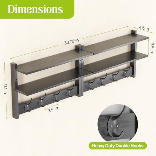 2 Tier Coat Rack Wall Mount with Shelf, 33" Wall Shelf with Hooks, Entryway Key Holder for Wall with 8 Heavy Duty Double Hooks, Coat Hook Wall Mounted for Bedroom, Living Room, Black - Image 3