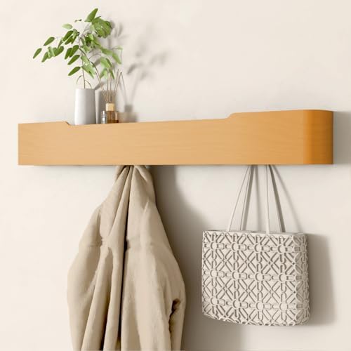 Wall Mounted Coat Rack with Shelf, Wooden Entryway Organizer with Hidden Metal Hooks for Hanging Coats Bags Keys, Modern Floating Shelf for Hallway Bathroom by VERASCOT