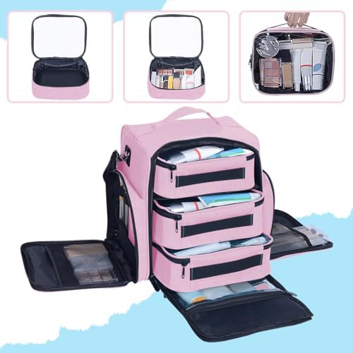 Large Makeup Bag Organizer with 3 Inner Removable Pouches,Pink - Image 4