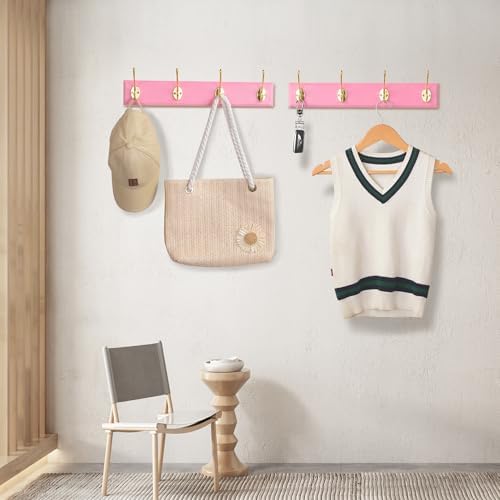 Wall Mount Bamboo Coat Rack, 17 Inch, 4 Double Hooks,2 Pack, Pink and Gold - Image 2