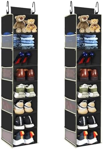 2 Pack Large-Sized Hanging Shoe Organizer 8-Shelf, Hanging Closet Organizer with 8 Side Pockets, Wider Hanging Shelves for Storage Shoes Clothes 9" W × 11.8" D× 48" H, Black. by ROOMTALK