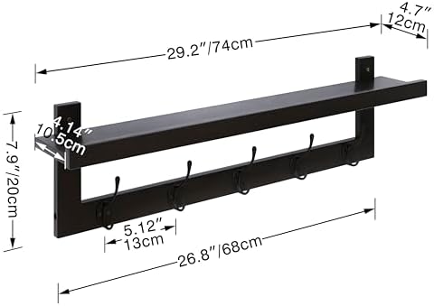 SMIBUY Coat Hooks with Shelf Wall-Mounted, 29.2 Inch Entryway Coat Rack for Wall, Bamboo Hanging Shelf with 5 Double Metal Hooks for Bathroom, Bedroom, Kitchen, Living Room, Mudroom (Black) - Image 5