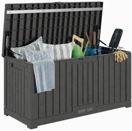 EAST OAK Outdoor Storage Box, 80 Gallon Deck Box, Waterproof Resin Storage Bin for Patio Cushions, Gardening Tools, Lockable, UV Resistant, Ash Grey by EASTOAK