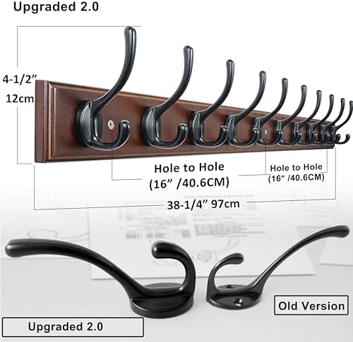 Dseap Coat Rack Wall Mounted: 10-Hooks, 38-1/4" Long, 16" Hole to Hole, Wood Coat Hooks Wall Mounted, Hook Rack, Hook Rail, Hooks for Hanging Coats, Light Walnut & Black - Image 2