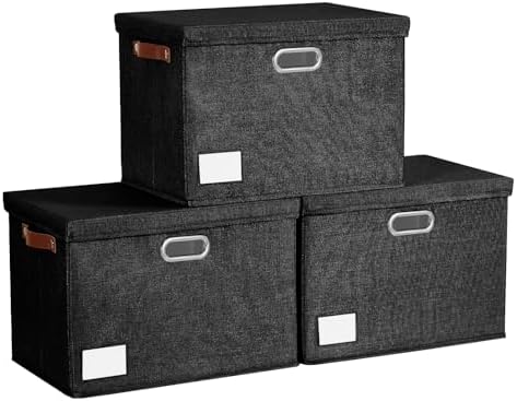 15" Fabric Storage Box with Lids, 3-Pack, Black by Roobyl