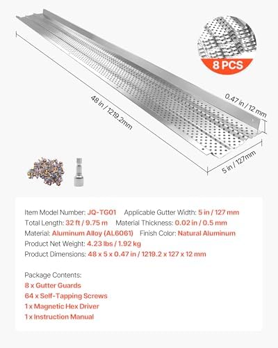 VEVOR Gutter Guard, 5 inch Aluminum Gutter Cover Heavy-Duty, 32ft Length Protection Cover for Leaf & Debris, 0.02 in Thickness Mill Finish, Easy DIY Install, Fast Drainage, Screws Included, 8 PCS - Image 7