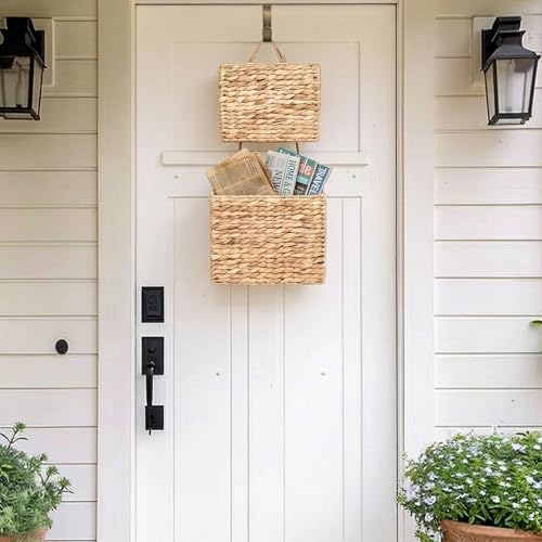 YAHUAN Woven Water Hyacinth Hanging Basket 2-Tiered Rectangular Storage Baskets Over the Door Organizer Hanging Organizer Hanging Wall Basket for Home,Kitchen,Garden, Office (Rectangular) - Image 4