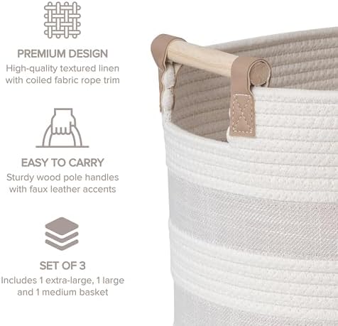 RGI Home Storage Baskets for Organizing, Textured Linen and Fabric Rope, Set of 3 Oval Decorative Woven Bins, Multi-Sized with Easy-Carry Premium Wooden Handles, Cream with Ivory Trim - Image 4