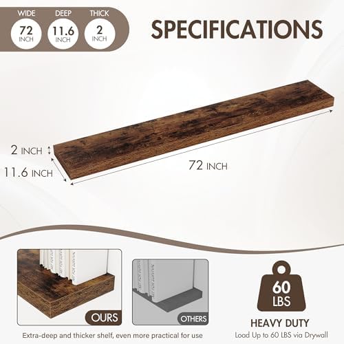 Acovy 72 Inch Floating Shelves, 12" Deep Floating Shelf Wall Mounted, 72" Wall Shelves, Rustic Deep Bookshelf, Extra Deeper & Thicker Display Shelves for Bedroom, Living Room, Set of 2 - Image 4