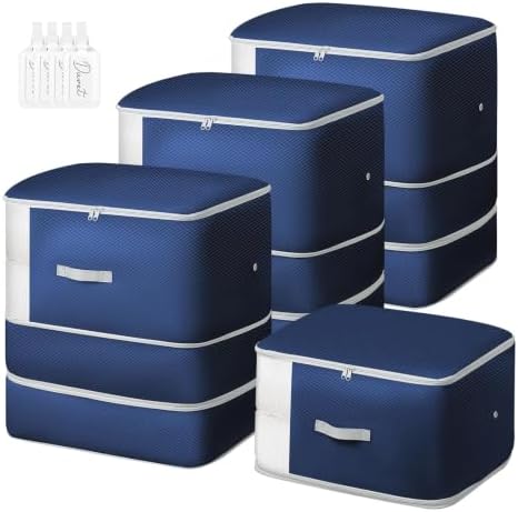 Comforter Storage Bag -Large Capacity Blanket Storage Bags 3-Layer Ultra Space Saving Self Compression Organizer, Washable Compression Bags for Storage Comforter Blanket, 4-Pack, Navy Blue by EasortmPackingCubes