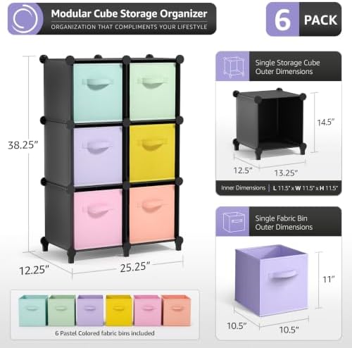 Sorbus 6 Cube Storage Organizer with 6 Fabric Bins (Black) - Image 3