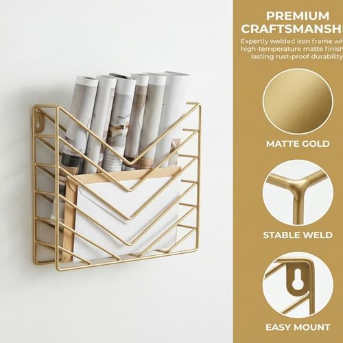 Gold File Organizer, Metal Wall Mounted Magazine Rack, Wall Mounted Magzine Holders for Office, Bathroom (4P Gold) - Image 2