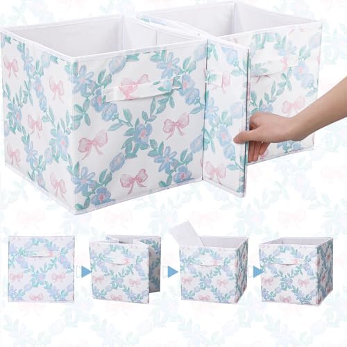 Geelin 6 Pcs Blue Floral Bow Cube Storage Bins 11 Inch Storage Basket - Image 3