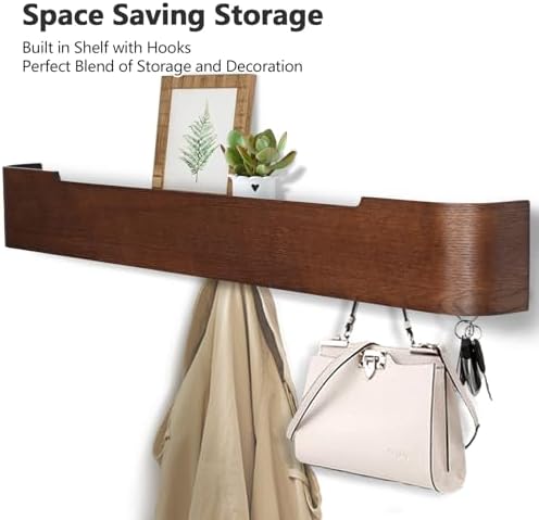 Coat Rack Wall Mount with Shelf 8 Hidden Hooks Modern Wooden Key Holder Entryway Organizer for Hallway Bedroom Bathroom Home Decor Storage for Hanging Coats Hats Bags Towels, Walnut - Image 2