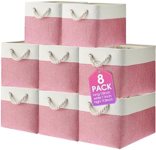 meekoo 8 Pack Fabric Storage Bins Baskets, 15 x 11 x 9.5 in, Pink White by meekoo