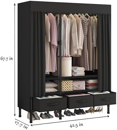 Portable Closet with Drawers 43.3"x17.7"x65.7" Wardrobe Closet Black - Image 3
