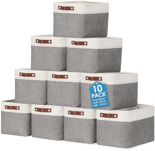Uiifan 10 Pcs Collapsible Fabric Storage Baskets, 16 x 12 x 10 Inch, Gray by Uiifan