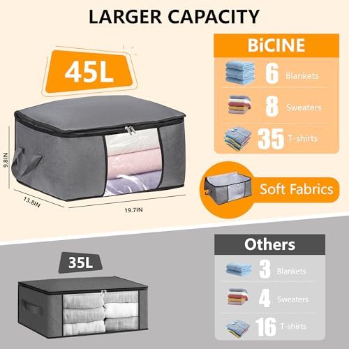 BiCINE 8 Pack Clothes Storage Bags with Zipper, 45L Foldable Blanket Storage Bag with Clear Window Sturdy Handles for Closet, Dorm, Pillows, Bedding, Sheet, Comforter, Gray - Image 2