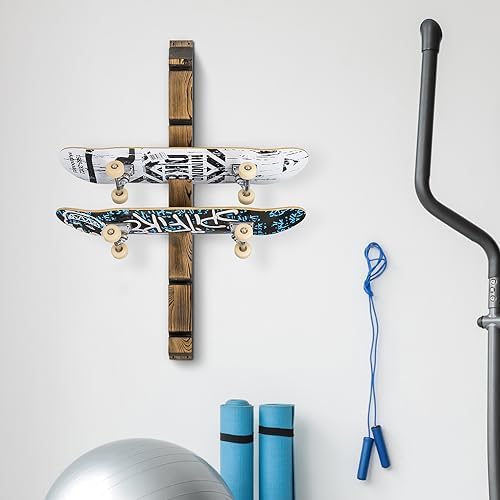 MyGift Modern Wall Mounted Rustic Burnt Solid Wood Skateboard Display Rack, Hanging Longboard Storage Organizer with Diagonal Cutout Slots, Holds 6 Boards - Image 5