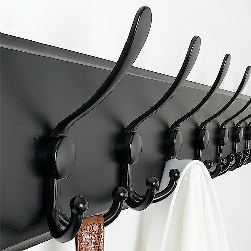 SKOLOO Coat Rack Wall Mounted - 38.3'' Long, Wooden, Heavy Duty, Rustic Coat Hooks for Wall, 16'' Hole to Hole, Wall Coat Rack with 10 Triple Hooks for Hanging Clothes, Jacket, Hat(Black) - Image 3