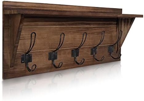 HBCY Creations Rustic Brown Solid Wood Wall Mounted Coat Rack with Shelf, 5 Hooks, 24" Long - Kitchen, Mudroom, Entryway, Bathroom - Includes Mounting Hardware, Coat Hanger, Dog Leash Hooks by HBCYCreations