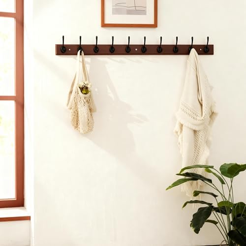 Dseap Coat Rack Wall Mounted: 10-Hooks, 38-1/4" Long, 16" Hole to Hole, Wood Coat Hooks Wall Mounted, Hook Rack, Hook Rail, Hooks for Hanging Coats, Light Walnut & Black - Image 6